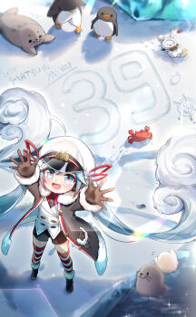 Rule 34 | 1girl, 1other, 39, absurdres, animal, aqua eyes, aqua hair, arms up, binoculars, bird, black coat, black gloves, black necktie, black shorts, coat, collared shirt, commentary request, crab, full body, fur-trimmed coat, fur-trimmed sleeves, fur trim, gloves, gradient hair, hair between eyes, hair ornament, hair ribbon, hat, hatsune miku, highres, jacket, light blush, long hair, long sleeves, looking at viewer, multicolored hair, necktie, official alternate costume, official alternate hairstyle, open mouth, peaked cap, penguin, rabbit, rabbit yukine, red ribbon, red shirt, ribbon, sailor hat, seal (animal), shirt, short shorts, shorts, striped clothes, striped thighhighs, suikan pipe, thighhighs, twintails, very long hair, vocaloid, white hair, white jacket, yuki miku, yuki miku (2022)