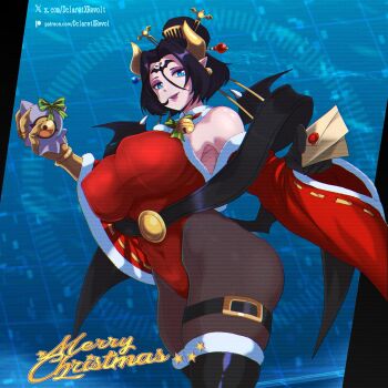 1girl bare_shoulders bat_tattoo black_hair blue_eyes breasts cleavage dclaret demon demon_girl demon_horns demon_wings digimon digimon_(creature) eyeshadow facial_mark fallen_angel forehead_mark forehead_tattoo hair_ornament highres horns large_breasts lilithmon looking_at_viewer makeup multiple_wings piercing pointy_ears purple_eyeshadow purple_lips short_hair smile solo tattoo wing_piercing wings