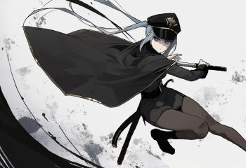 1girl belt black_pantyhose cloak grey_hair hat long_hair looking_at_viewer original pantyhose peaked_cap pencil_skirt rusellunt side_slit skirt solo standing sword very_long_hair weapon