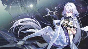 1girl absurdres breasts cassette_tape closed_mouth commentary dress drone earrings grey_hair hair_intakes hair_ornament halo high_heels highres id_card jacket jewelry jimizuai- long_hair male_rover_(wuthering_waves) mornye_(wuthering_waves) purple_dress red_eyes rover_(wuthering_waves) see-through_body small_breasts smile tacet_mark_(wuthering_waves) triangle_earrings very_long_hair white_jacket wuthering_waves