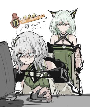 2girls animal_ears arknights blue_eyes cat_ears command:meltdown_(e.g.o) computer e.g.o_(project_moon) faust_(project_moon) green_eyes green_hair highres kal'tsit_(arknights) limbus_company multiple_girls project_moon whate=3r white_hair