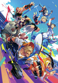 3boys 3girls akuma_(street_fighter) barefoot beard black_hair blonde_hair braid braided_ponytail cammy_white capcom chinese_clothes chun-li dark-skinned_male dark_skin facial_hair fingerless_gloves gloves grey_hair high_jump highres hood hoodie jamie_siu javelin_(spear) luke_sullivan marisa_(street_fighter) multiple_boys multiple_girls muscular muscular_female muscular_male official_art red_hair running_track scar scar_across_eye scar_on_face shotput stadium street_fighter street_fighter_6 track_and_field