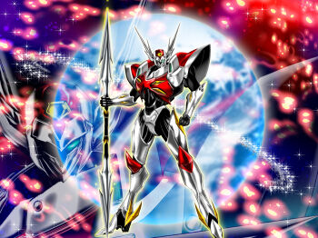 Rule 34 | 1990s (style), armor, earth (planet), highres, holding, holding weapon, luna rune, mecha, morikawa toshiyuki, planet, power armor, power suit, retro artstyle, robot, science fiction, space, tatsunoko pro, tekkaman blade, tekkaman blade (character), weapon