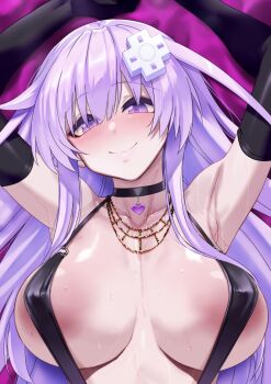 1girl armpits arms_up breasts choker closed_mouth covered_erect_nipples elbow_gloves female_focus gloves highres jewelry large_breasts long_hair lying necklace nepgear neptune_(series) nipples nyamota on_back purple_eyes purple_hair smile source_request swimsuit