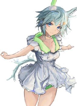1girl animal_ears blue_eyes blush breasts closed_mouth collarbone commentary_request ear_covers flower green_sailor_collar green_shorts grey_hair hair_between_eyes hair_flower hair_ornament hairclip horse_ears horse_girl horse_tail looking_at_viewer sailor_collar seiun_sky_(reeling_in_the_big_one)_(umamusume) seiun_sky_(umamusume) shirt short_hair shorts simple_background single_ear_cover small_breasts smile solo sunflower sunflower_hair_ornament tail umamusume white_background yanagi_wakana