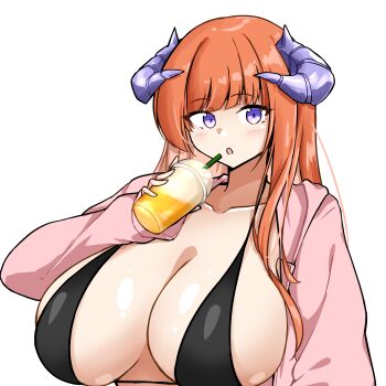 1girl :o absurdres arknights bagpipe_(arknights) bikini black_bikini breasts cleavage collarbone commentary_request cup disposable_cup drink drinking_straw highres holding holding_drink horns huge_breasts jacket light_blush long_hair long_sleeves looking_at_viewer open_clothes open_jacket orange_hair parted_lips pink_jacket purple_eyes purple_horns simple_background solo swimsuit upper_body white_background xibu_cai