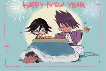 Rule 34 | > <, 2026, 2boys, aegyo sal, alcohol, blue background, checkered clothes, checkered scarf, chibi, chibi only, chinese zodiac, commentary, cup, danganronpa (series), danganronpa v3: killing harmony, drunk, eating, english commentary, facial hair, fang, fireworks, flipped hair, goatee, hair between eyes, happy, happy new year, highres, holding, japanese clothes, kimono, long sleeves, looking at viewer, male focus, medium hair, miri (bossu osu), momota kaito, multiple boys, new year, oma kokichi, open mouth, sakazuki, sake, scarf, sitting, spiked hair, star (symbol), striped clothes, striped kimono, two-tone scarf, wide sleeves, year of the horse