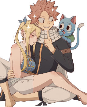 1boy 1girl absurdres baggy_pants black_jacket blonde_hair blue_fur blue_shirt blush breasts closed_eyes commentary_request fairy_tail happy_(fairy_tail) highres jacket large_breasts long_hair lucy_heartfilia miniskirt natsu_dragneel neri_w2 pants pink_hair scarf shirt side_ponytail simple_background sitting skirt sleeveless sleeveless_shirt white_background white_pants white_scarf white_skirt