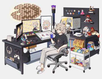 1boy aether_(genshin_impact) albedo_(genshin_impact) bag bangboo_(zenless_zone_zero) black_shirt blue_eyes bottle character_doll computer controller crossed_legs cup dodoco_(genshin_impact) doll electrical_outlet eous_(zenless_zone_zero) food furina_(genshin_impact) game_controller genshin_impact grey_hair grey_pants headphones hei_lang highres holding holding_cup honkai:_star_rail honkai_(series) lumine_(genshin_impact) male_focus mavuika_(genshin_impact) mihoyo monitor nahida_(genshin_impact) paimon_(genshin_impact) pants plate pom-pom_(honkai:_star_rail) raiden_shogun shirt shoes short_sleeves simple_background sitting slime_(genshin_impact) slippers stuffed_toy tablet_pc treasure_chest venti_(genshin_impact) white_shoes zenless_zone_zero zhongli_(genshin_impact)