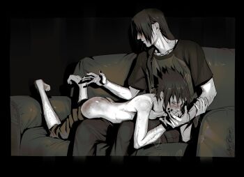 2boys absurdres arm_hair black_border black_hair black_nails black_pants black_shirt blush border brothers clothes_pull commentary couch crying english_commentary highres incest jewelry leg_hair lying male_focus multiple_boys naruto_(series) necklace netcrow98 on_couch on_lap on_stomach pants pants_pull shirt short_hair siblings spanked spanking sweat tears topless_male uchiha_itachi uchiha_sasuke yaoi
