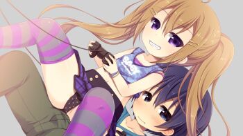 1boy 1girl ahoge aoi_aruma blue_hair blue_shirt blue_tank_top blush bob_cut breasts brown_hair bulge bulge_to_ass camisole clenched_teeth collarbone controller cowboy_shot dry_humping erection erection_under_clothes game_cg game_controller girl_on_top green_pants hair_between_eyes hair_ornament hairclip himukai_ao_(jissai_no_tokoro) holding holding_controller holding_game_controller humping izuno_shiun_(jissai_no_tokoro) jissai_no_tokoro kodomo_doushi large_variant_set loli long_hair looking_back miniskirt naughty_face navel open_mouth panties pants pleated_skirt polka_dot polka_dot_panties purple_camisole purple_skirt raised_inner_eyebrows shirt short_hair sidelocks simple_background sitting sitting_on_lap sitting_on_person skirt small_breasts smile striped_clothes striped_thighhighs tank_top teeth thighhighs thighs twintails underwear variant_set very_long_hair