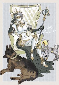 1girl animalization black_skirt border breasts dog enigma_(reverse:1999) faceless facing_viewer ferrofluid full_body german_shepherd grey_background hand_up highres holding holding_scepter humanoid_robot joints large_breasts long_skirt lucy_(reverse:1999) mechanical_ears metal_hair navel non-humanoid_robot official_alternate_costume outside_border overskirt reverse:1999 robot robot_animal robot_dog robot_girl robot_joints scepter short_hair shui4_shui4 sitting sitting_on_throne skirt solo tiara ulrich_(reverse:1999) yellow_border