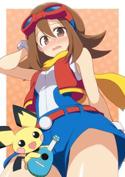1girl absurdres blue_shorts blush brown_eyes brown_hair commission curakuru gen_2_pokemon goggles goggles_on_head hair_between_eyes highres holding holding_instrument holding_ukulele instrument medium_hair nintendo open_mouth pichu pokemon pokemon_(creature) pokemon_ranger:_guardian_signs pokemon_ranger_(series) scarf shirt shorts skeb_commission sleeveless sleeveless_shirt summer_(pokemon) ukulele ukulele_pichu yellow_scarf