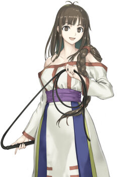 1girl :d absurdres arc_the_lad arc_the_lad_ii bare_shoulders braid brown_eyes brown_hair character_request check_character check_copyright commentary_request copyright_request dress highres holding holding_whip lh_2c0 lieza_(arc_the_lad) long_hair looking_at_viewer open_mouth smile solo standing very_long_hair white_background white_dress