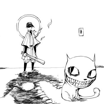 Rule 34 | 1boy, add-on (off), alternate form, bad batter, bags under eyes, baseball bat, baseball cap, baseball uniform, cat, commentary, different shadow, english commentary, genc, greyscale, hat, holding, holding baseball bat, holding weapon, light switch, long sleeves, looking back, male focus, monochrome, off (game), open mouth, pants, shoes, short sleeves, sideways glance, spoilers, sportswear, standing, striped clothes, the batter (off), the judge (off), vertical-striped clothes, weapon, white background