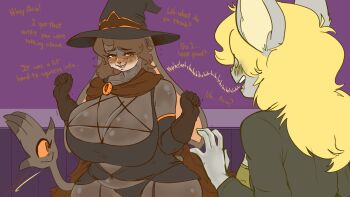 2girls animal_ears blonde_hair blush breasts brown_hair english_text fakeryway female_focus furry furry_female huge_breasts long_hair multiple_girls open_mouth original tail