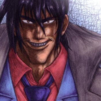 1boy black_hair blue_background blue_necktie blue_vest bright_pupils coat collared_shirt crazy_grin getter_robo grin jin_hayato looking_at_viewer male_focus necktie pink_shirt shin_getter_robo shirt short_hair smile solo teeth vest white_pupils wrato