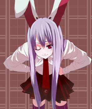 1girl animal_ears bad_id bad_pixiv_id bent_over female_focus long_hair necktie one_eye_closed purple_hair rabbit_ears red_eyes red_necktie reisen_udongein_inaba shirt skirt solo tank_(artist) touhou wink