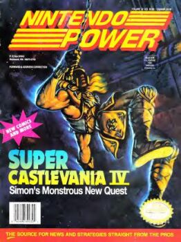 1boy blonde_hair boots castlevania_(series) cover konami magazine_(object) magazine_cover nintendo_power official_art promotional_art simon_belmont super_castlevania_iv swing whip