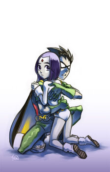 1boy 1girl animification belt bindi black_hair boots cape cartoon_network dc_comics dick_grayson domino_mask elbow_gloves eye_mask forehead_jewel gloves hetero holding hug kneeling looking_back mask pale_skin purple_hair raven_(dc) robin_(dc) sen_(pixiv111638) sen_(sen69) short_hair signature teen_titans