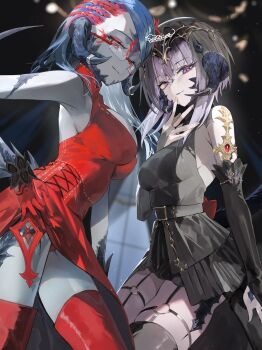2girls absurdres au_ra bare_shoulders black_dress black_hair black_thighhighs blue_hair breasts bridal_gauntlets colored_skin detached_sleeves dragon_girl dragon_horns dragon_tail dress final_fantasy final_fantasy_xiv gloves gradient_hair grey_skin highres horns long_hair looking_at_viewer multicolored_hair multiple_girls o-ring o-ring_thigh_strap origami_yukari_(ff14_character) original purple_eyes red_dress red_eyes red_gloves red_hair red_thighhighs scales shikina_(mochigushi_) short_hair_with_long_locks signature tail thigh_strap thighhighs two-tone_hair warrior_of_light_(ff14) white_hair