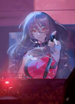 1girl aespa black_gloves black_nails cosplay eyelashes fingerless_gloves gloves highres hololive hololive_english karina_(aespa) karina_(aespa)_(cosplay) long_hair looking_at_viewer mori_calliope ninochuu photo-referenced pink_hair pink_shirt pointing pointing_at_viewer red_eyes shirt virtual_youtuber