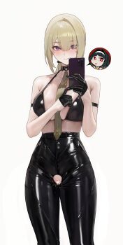 1girl absurdres arm_strap astra_yao bare_shoulders black_bra black_gloves black_pants blonde_hair blush bra breasts cellphone censored closed_mouth collarbone commentary evelyn_chevalier far_side gloves grey_background hair_down half_gloves halterneck heart heart_censor high-waist_pants highres holding holding_phone large_breasts long_hair looking_at_viewer mole mole_under_eye necktie pants phone purple_eyes pussy pussy_cutout pussy_juice_on_face simple_background single_hair_intake smartphone smile spoken_character underwear yellow_necktie zenless_zone_zero