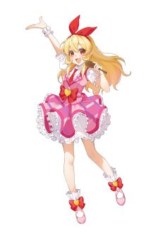 Rule 34 | 1girl, :d, aikatsu!, aikatsu! (series), arm up, blonde hair, bow, collared shirt, commentary request, frilled skirt, frills, full body, hair bow, hairband, hand up, harbet, highres, holding, holding spoon, hoshimiya ichigo, idol clothes, long hair, looking at viewer, necktie, open mouth, outstretched arm, pink shoes, pink skirt, pink vest, puffy short sleeves, puffy sleeves, red bow, red eyes, red hairband, red necktie, shamoji, shirt, shoes, short sleeves, simple background, skirt, smile, socks, solo, spoon, standing, vest, white background, white shirt, white socks