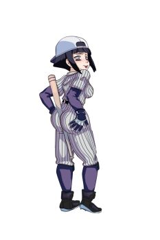 1girl ass baseball_bat baseball_cap baseball_uniform between_buttocks breasts hat holding holding_baseball_bat huge_ass hyuuga_hinata knee_pads light_smile looking_at_viewer looking_back makeup naruto_(classic) naruto_(series) short_hair solo sportswear thedarkvictim tongue tongue_out