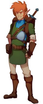 alundra armor belt breastplate elf fingerless_gloves gloves grin_(alundra) highres link nintendo orange_eyes orange_hair pointy_ears simple_background splashbrush the_legend_of_zelda tunic