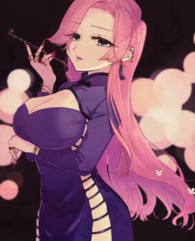 1girl alternate_costume arm_under_breasts bracelet breasts commentary_request cowboy_shot dress earrings eyes_visible_through_hair fingernails flower green_eyes hair_flower hair_ornament hanazono_hahari highres holding holding_smoking_pipe huge_breasts jewelry kimi_no_koto_ga_dai_dai_dai_dai_daisuki_na_100-nin_no_kanojo kiseru long_fingernails long_hair long_sleeves looking_at_viewer mole mole_under_eye nail_polish oknomyk open_mouth pink_hair purple_dress red_nails ring side_slit smoking_pipe solo tassel tassel_earrings very_long_hair