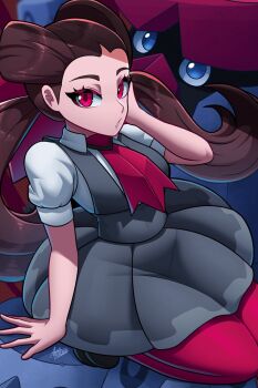 1girl :o axlhearts brown_hair dress eyelashes gen_4_pokemon grey_dress highres long_hair looking_at_viewer nintendo open_mouth pantyhose pokemon pokemon_(creature) pokemon_oras probopass puffy_short_sleeves puffy_sleeves red_eyes red_pantyhose roxanne_(pokemon) short_sleeves signature twintails