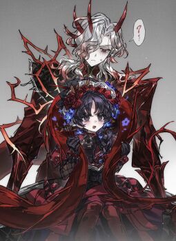 1boy 1girl :&lt; :d ? black_eyes black_gloves black_hair child dress feet_out_of_frame fishnet_sleeves fishnets flower frilled_gloves frills furrowed_brow gloves gradient_hair hair_flower hair_ornament hair_over_one_eye head_tilt height_difference highres horns identity_v kd_sayakayui looking_at_another looking_down looking_up makeup memory_(identity_v) memory_(miss_pomegranate_plate)_(identity_v) mole mole_under_mouth multicolored_hair multiple_horns official_alternate_costume open_mouth pantyhose red_dress red_eyes red_flower red_horns red_pantyhose red_rose richard_sterling richard_sterling_(the_red_knight) rose runny_makeup sitting sitting_on_lap sitting_on_person smile spoken_question_mark thorns