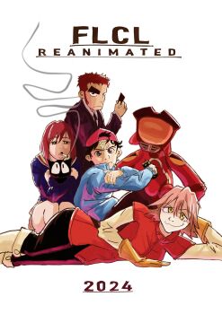 Rule 34 | 1other, 2boys, 2girls, :3, amarao, animal, animal hug, backwards hat, bandaged head, bandages, baseball cap, black cat, black eyes, black hair, black pants, blue jacket, blue shirt, blunt ends, bob cut, boots, brown eyes, brown gloves, brown skirt, canti, cat, cigarette, closed mouth, commentary, copyright name, crt, dated, english commentary, feet out of frame, flcl, flcl reanimated, food, frown, gloves, hair between eyes, hand on own arm, haruhara haruko, hat, head tilt, highres, holding, holding animal, holding cat, holding food, hugging own legs, jacket, jmaloart, knee boots, knees up, layered sleeves, medium hair, mouth hold, movie poster, multiple boys, multiple girls, nandaba naota, narrowed eyes, nori (seaweed), pants, pink hair, plaid clothes, plaid skirt, pleated skirt, poster parody, promotional art, red hair, red hat, red jacket, robot, sailor collar, samejima mamimi, school uniform, serafuku, shirt, short hair, sideburns, sitting, skirt, smile, smoke, smoking, spiked hair, squatting, takkun (flcl), the breakfast club, thick eyebrows, v-shaped eyebrows, white background, white footwear, white sailor collar, white shirt, yellow eyes