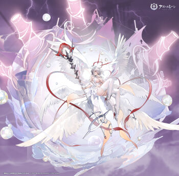 1girl absurdres angel_wings azur_lane breasts bubble cleavage feathered_wings finger_to_mouth full_body garter_straps grey_hair halo head_wings high_heels highres holding holding_staff large_breasts looking_at_viewer multiple_wings navel official_art parted_lips pearl_(azur_lane) red_eyes shoes short_hair_with_long_locks staff stomach thighhighs white_garter_straps white_thighhighs white_wings wings