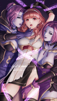 3girls bdsm bondage bound bound_wrists celica_(fire_emblem) female_focus fire_emblem fire_emblem_echoes:_shadows_of_valentia hestia_(fire_emblem) highres magmel marla_(fire_emblem) multiple_girls nintendo paid_reward_available torn_clothes yuri