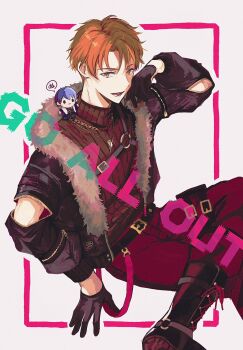 aoyagi_touya belt black_gloves chain fur_trim gloves highres kklarencxxxxx long_sleeves looking_at_viewer multicolored_hair open_mouth orange_hair project_sekai puppet shinonome_akito speech_bubble teeth