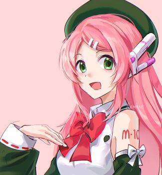 Rule 34 | 1girl, :d, arm at side, artist name, bare shoulders, beanie, bow, bowtie, breasts, chromatic aberration, collared shirt, detached sleeves, from below, green eyes, green hat, green sleeves, hair ornament, hairclip, hand on own chest, hand up, hashtag-only commentary, hat, highres, long hair, long sleeves, looking at viewer, momone momo, open mouth, parallel hairclips, parted bangs, pink background, pink hair, puffy long sleeves, puffy sleeves, ramune55ni, red bow, red bowtie, shirt, shoulder tattoo, sidelocks, simple background, sleeve bow, sleeveless, sleeveless shirt, small breasts, smile, solo, straight hair, tareme, tattoo, tongue, upper body, utau, white bow, white shirt, white trim