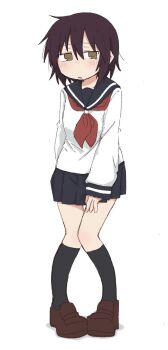 1girl arm_behind_back black_socks blue_sailor_collar blue_skirt blush brown_eyes brown_hair brown_shoes female_focus flat_chest full_body half-closed_eyes hand_on_own_thigh have_to_pee kneehighs knees_together_feet_apart kude_rei_(ponnu_(tnpn2yw)) large_variant_set long_sleeves looking_at_viewer miniskirt neckerchief nervous nose_blush open_mouth original parted_lips pigeon-toed pleated_skirt ponnu_(tnpn2yw) red_neckerchief sailor_collar school_uniform serafuku shirt shoes short_hair sidelocks simple_background skirt socks solo standing variant_set white_background white_shirt