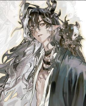 Rule 34 | 1boy, animal, animal on shoulder, arknights, bandaged neck, bandages, black bandages, black cat, black hair, cat, cat on shoulder, commentary request, dragon boy, dragon horns, haemooowo, hair between eyes, heterochromia, horns, korean commentary, long hair, looking at viewer, male focus, multicolored hair, parted lips, pointy ears, solo, streaked hair, upper body, wang (arknights), white eyes, white hair, zoom layer