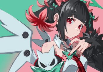 1girl bare_shoulders black_choker black_hair black_sleeves bow bowtie breasts checkered_necktie choker closed_mouth collarbone colored_inner_hair commentary detached_sleeves fur-trimmed_sleeves fur_trim green_background green_bow green_bowtie green_halo hair_bow halo hand_up kurenairan77 looking_at_viewer multicolored_hair multiple_hair_bows nangong_yu necktie pink_background pink_bow red_eyes red_nails red_necktie short_twintails small_breasts solo symbol-only_commentary twintails two-tone_background upper_body zenless_zone_zero