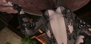 3d anilingus black_hair breasts final_fantasy final_fantasy_xiv highres lingerie medium_breasts nipples pale_skin scales stomach tongue tongue_out underwear