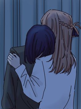 2girls black_shirt blue_hair braid brown_hair commentary_request curtains fvksar4wa5mmytj half_up_braid hand_on_another&#039;s_shoulder head_on_another&#039;s_shoulder highres indoors long_hair medium_hair miyagi_shiori multiple_girls sendai_hazuki shirt shuuniichido_classmate_wo_kau_hanashi white_shirt