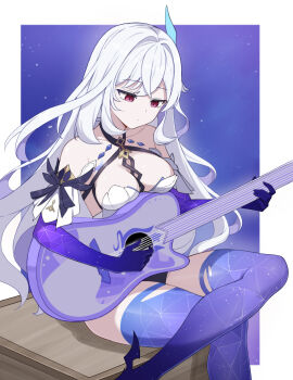 1girl absurdres bare_shoulders blue_skin border box breast_rest breasts closed_mouth colored_extremities colored_skin crate crossed_legs detached_sleeves expressionless genshin_impact guitar hair_intakes hair_ornament halterneck highres holding holding_guitar holding_instrument instrument jhp987 leotard long_hair looking_at_object looking_down medium_breasts multicolored_skin music on_box outside_border pale_skin playing_instrument purple_hands purple_skin red_eyes sitting sitting_on_box sitting_on_object skirk_(genshin_impact) solo very_long_hair white_border white_hair wooden_box