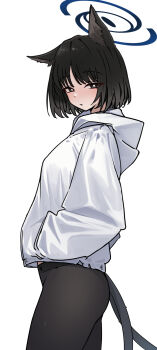 1girl alternate_costume animal_ears black_eyes black_hair black_pantyhose black_tail blue_archive blue_halo breasts bright_pupils cat_ears cowboy_shot dot_nose extra_ears eyelashes from_side guwall halo hands_in_pockets highres hood hoodie kikyou_(blue_archive) long_hair looking_at_viewer medium_breasts medium_hair multiple_tails pantyhose simple_background solo standing tail thighs two_tails white_background white_hoodie white_pupils