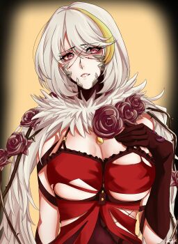 1girl absurdres blonde_streaks breasts brown_gloves cleavage code_vein commentary cross_scar dress english_commentary eva_roux eyes_visible_through_hair flower gloves highres large_breasts looking_at_viewer purple_eyes red_dress rose scar scar_on_face short_hair simple_background solo torn_clothes torn_dress tylergreen upper_body white_hair