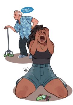 1boy 1girl aged_up balding black_hair black_pants black_tank_top blue_shirt blue_shorts breasts closed_eyes crying dark-skinned_female dark_skin english_text grand_theft_auto grand_theft_auto:_vice_city grand_theft_auto_vi hands_up hawaiian_shirt highres in-franchise_crossover jewelry kamii_momoru lucia_caminos necklace old old_man open_mouth pants polo_shirt screaming shirt short_sleeves shorts sitting sleeveless speech_bubble standing stuffed_toy tank_top teeth thighs tommy_vercetti tongue watch white_hair wristwatch