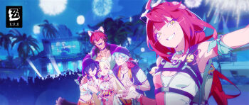 2boys 4girls alice_thymefield alice_thymefield_(sea_of_thyme) animal_ears belle_(summer_skies)_(zenless_zone_zero) belle_(zenless_zone_zero) black_choker blonde_hair braid choker dog_boy hair_ornament heterochromia highres komano_manato long_hair low_twin_braids multiple_boys multiple_girls night official_alternate_costume official_art one-piece_swimsuit rabbit_ears rabbit_girl red_hair short_hair sphere_hair_ornament swimsuit twin_braids two-tone_one-piece_swimsuit ukinami_yuzuha ukinami_yuzuha_(tanuki_in_broad_daylight) wise_(peaceful_waves)_(zenless_zone_zero) wise_(zenless_zone_zero) yellow_eyes zenless_zone_zero