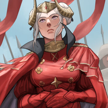 Rule 34 | 1girl, armor, blue sky, breasts, cape, closed mouth, collared cape, commentary request, dress, edelgard von hresvelg, edelgard von hresvelg (timeskip), fake horns, fire emblem, fire emblem: three houses, gloves, hair bun, headpiece, highres, horns, lance, long hair, medium breasts, multiple boys, nanbu yasumi, nintendo, outdoors, polearm, purple eyes, red cape, red dress, red flag, red gloves, short hair, sky, soldier, solo focus, upper body, very long hair, weapon, white hair