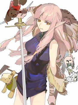 1girl doll dungeon_meshi elf gapamopa hair_tubes highres holding holding_sword holding_weapon long_hair looking_at_viewer low-tied_sidelocks milsiril orange_eyes pink_hair pointy_ears sidelocks simple_background sleeveless stuffed_animal stuffed_toy sword teddy_bear tunic weapon white_background